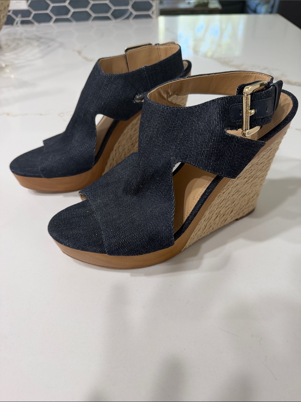 MICHAEL Michael Kors Josephine Denim Wedge Sandals with Rope Heel - Navy | 10